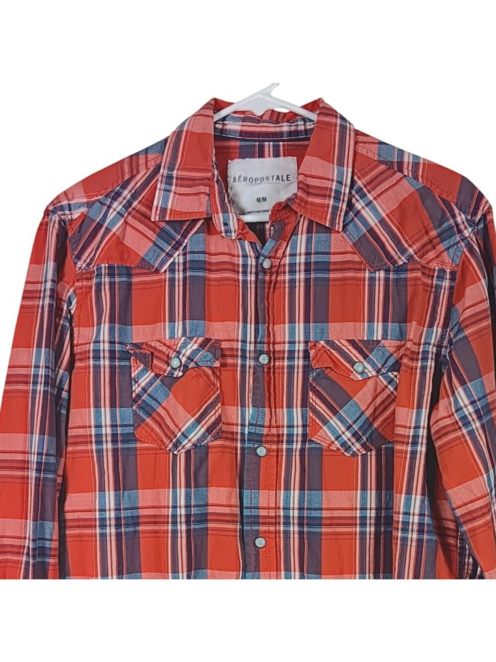 Aeropostale Plaid Western Snap Shirt Mens Medium Orange Summer Cowboy Rockabilly